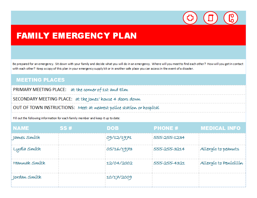 Link to a downloadable Family Emergency Plan example